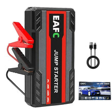EAFC car jump starter front view with LED display and compact design in black and red.