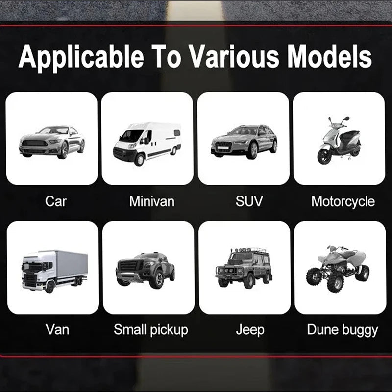 EAFC vehicle compatibility shot showing various models including cars, trucks, and motorcycles in black and white.