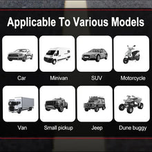 EAFC vehicle compatibility shot showing various models including cars, trucks, and motorcycles in black and white.