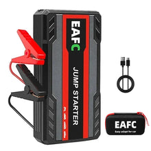 Lifestyle shot of EAFC jump starter kit showing clamps included and compact design in black and red.