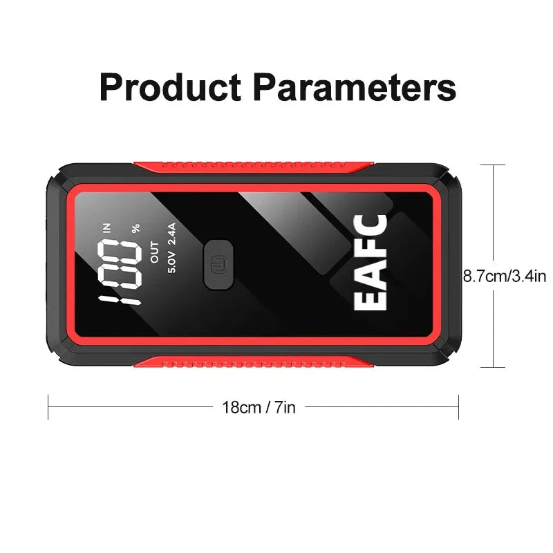 Close-up detail of EAFC product parameters in black and red on a white background.