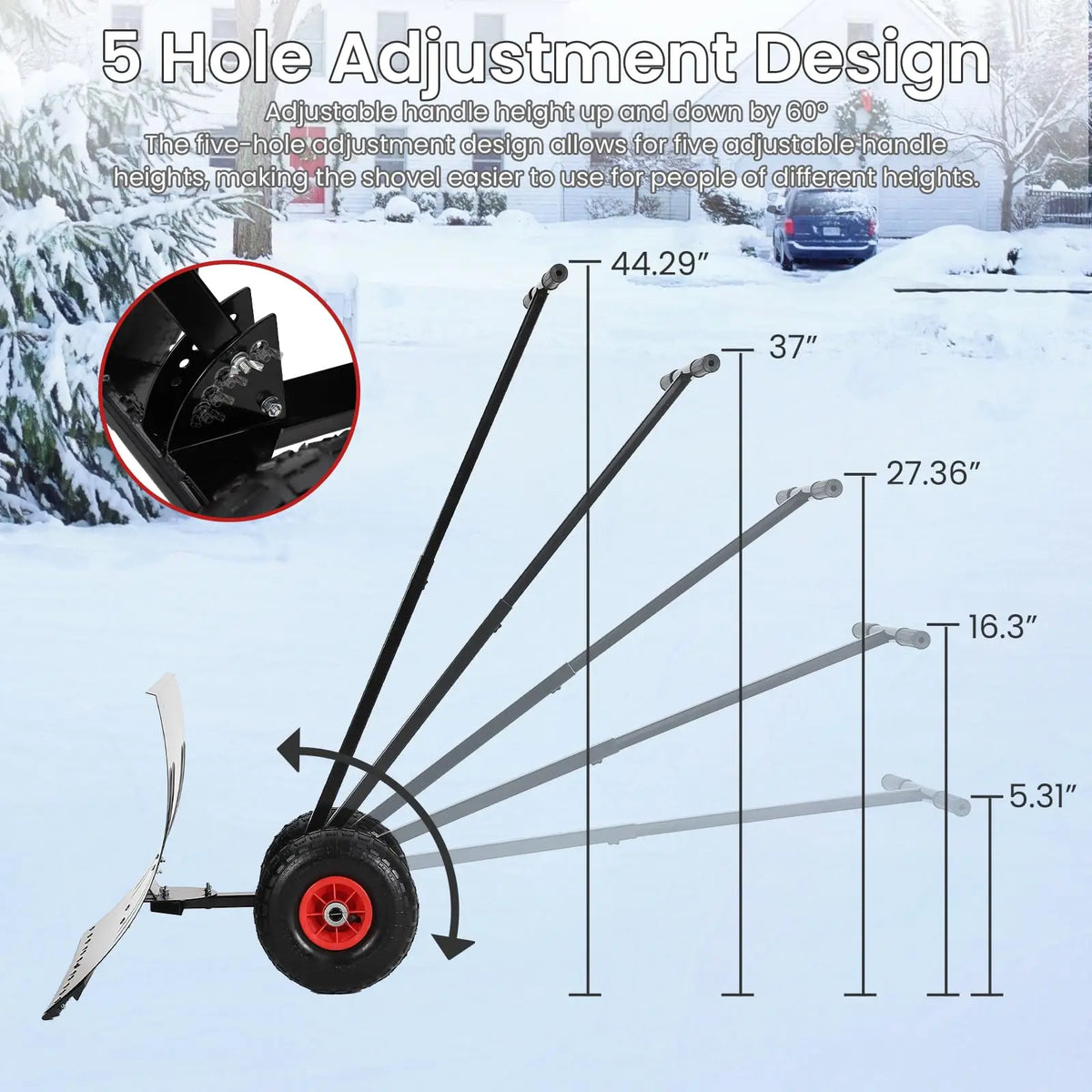 Detail of ergonomic snow shovel with adjustable design and measuring lines