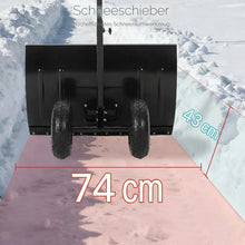 Close-up of ergonomic snow shovel blade showing 74 cm width
