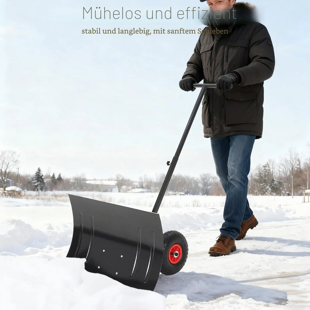 Ergonomic snow shovel with large red blade in natural setting