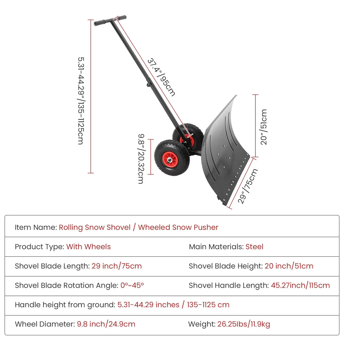 Ergonomic snow shovel on various surfaces with wheeled design