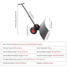 Ergonomic snow shovel on various surfaces with wheeled design