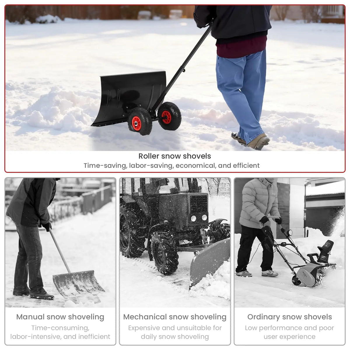 Ergonomic snow shovel with wheeled design and large blade outdoors
