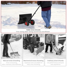 Ergonomic snow shovel with wheeled design and large blade outdoors