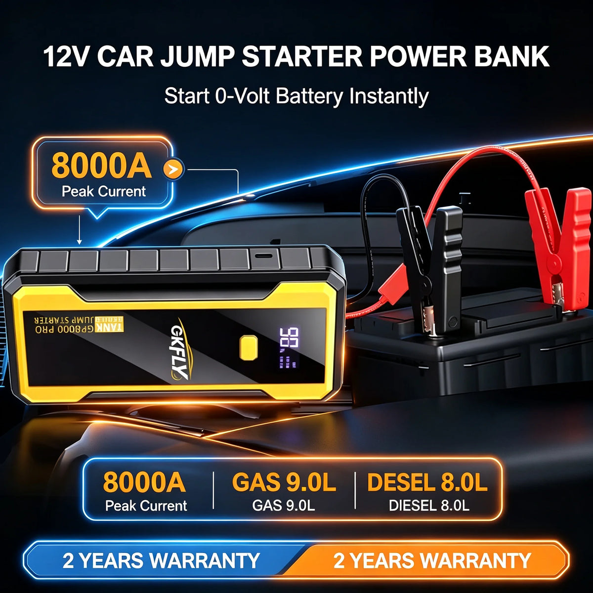 GKFLY 12V car jump starter in black and yellow packaging with compact design and power bank features