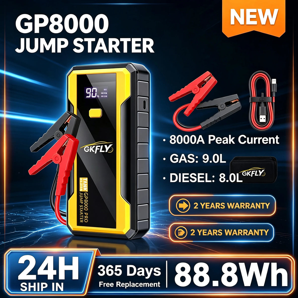 GKFLY car jump starter in black and yellow packaging with jumper cables and LED display