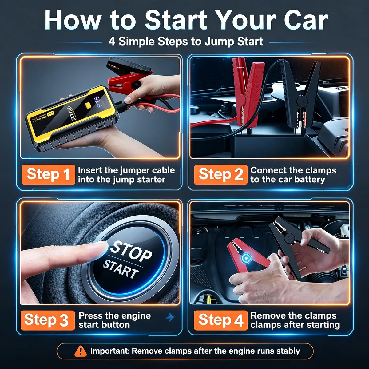 GKFLY car jump starter power bank in black and yellow packaging with portable design and LED indicators