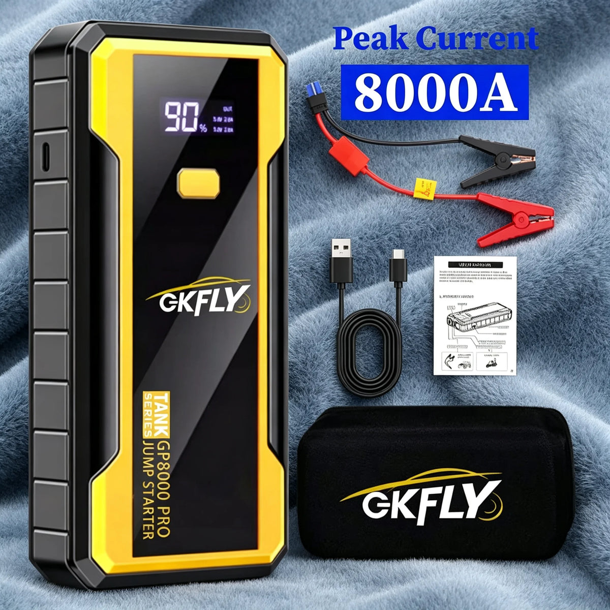 GKFLY portable jump starter with 8000A peak current and built-in emergency light in black and yellow