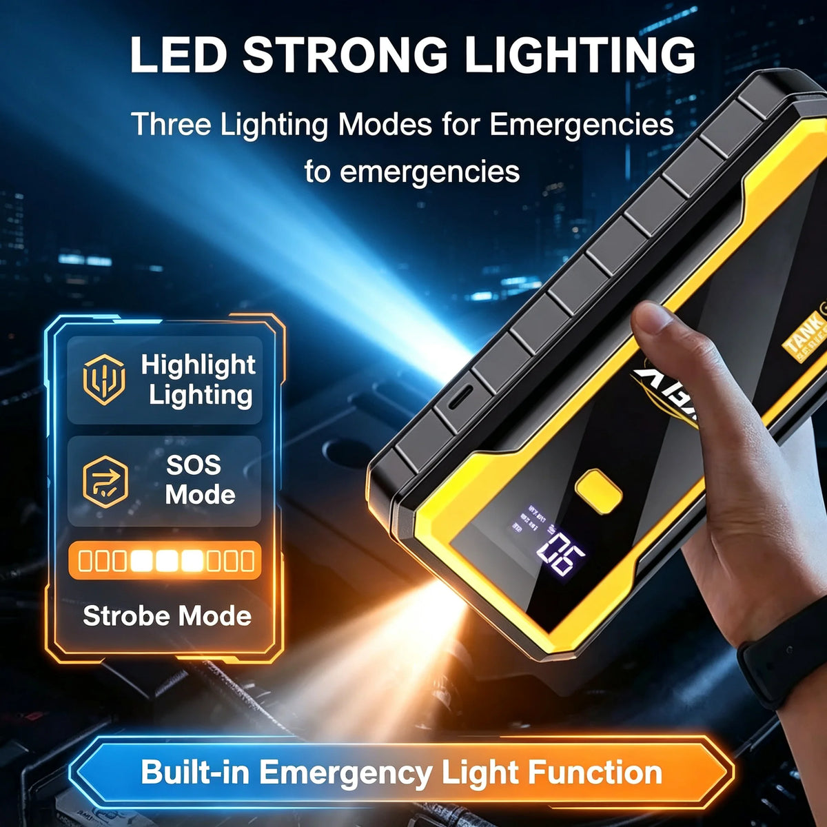 GKFLY portable jump starter featuring LED strong lighting and three lighting modes in black and yellow