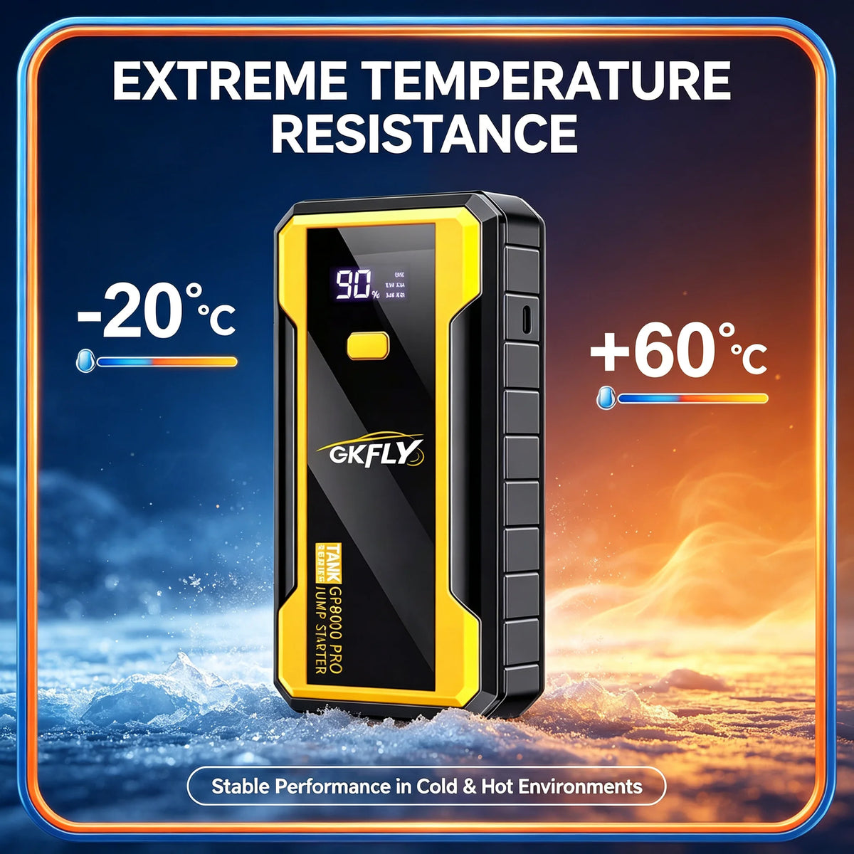 GKFLY portable jump starter showcasing extreme temperature resistance from -20°C to +60°C in black and yellow