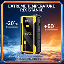 GKFLY portable jump starter showcasing extreme temperature resistance from -20°C to +60°C in black and yellow
