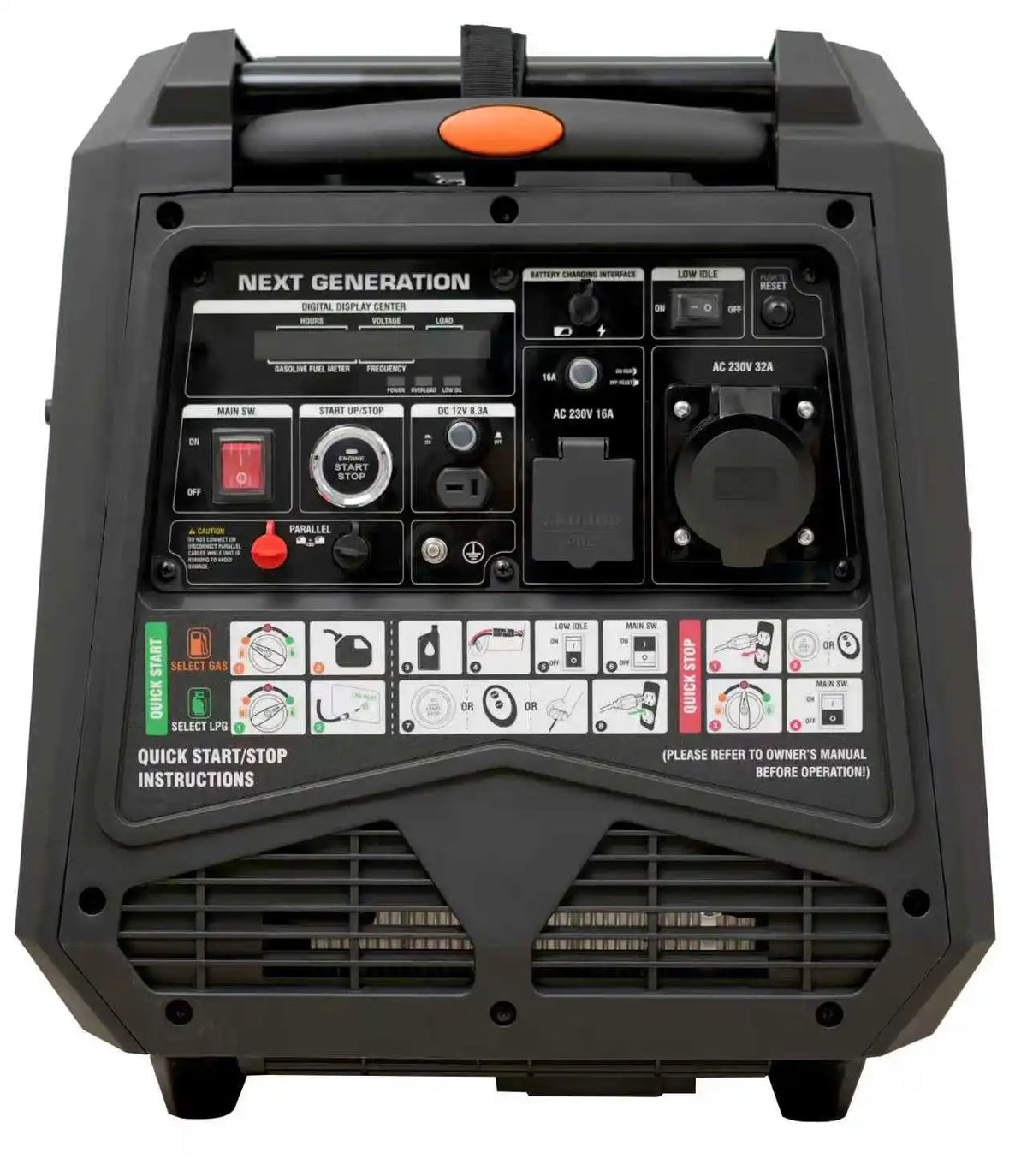 Gasoline Inverter Generator back view displaying multiple outlets and control panel in black and gray.