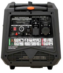 Gasoline Inverter Generator back view displaying multiple outlets and control panel in black and gray.