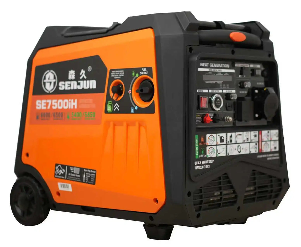 Gasoline Inverter Generator front view highlighting control panel and compact design in orange and black.