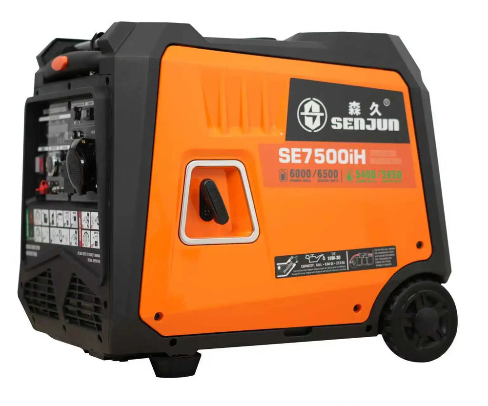 Gasoline Inverter Generator side view with wheeled design in orange and black.