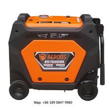 Back view of the portable generator featuring ventilation and wheels in black and orange.