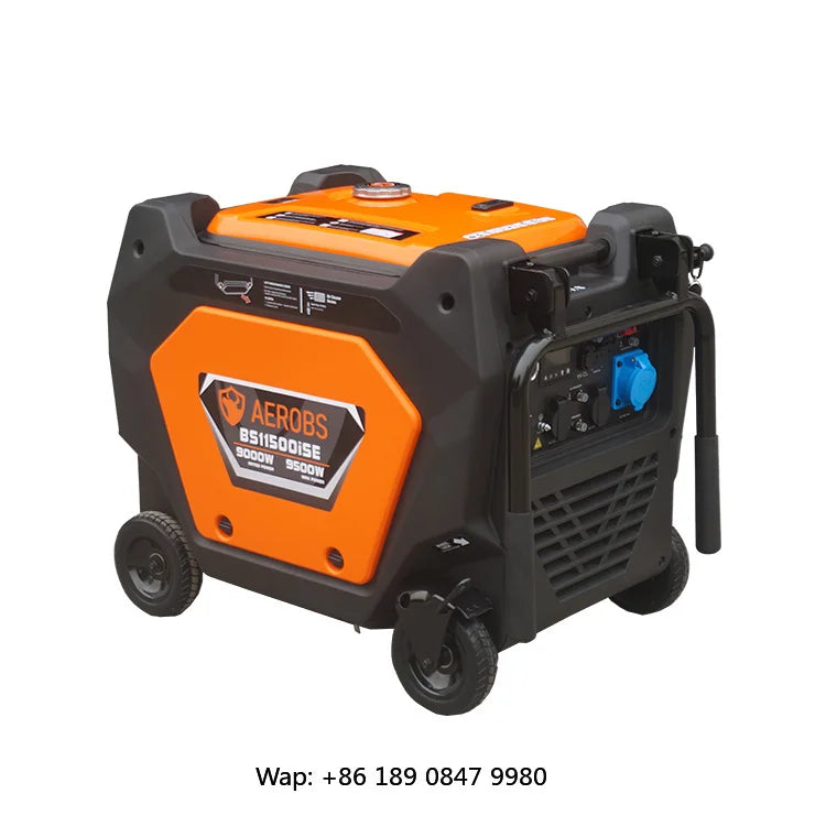 Front view of the portable generator highlighting control panel and indicator lights in black and orange.