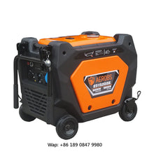 Portable generator with wheeled design in black and orange, side view.