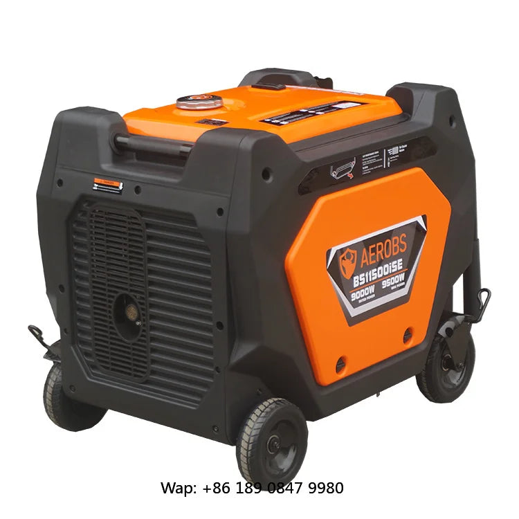 Side view of the portable generator with control panel and power outlet in orange and black.