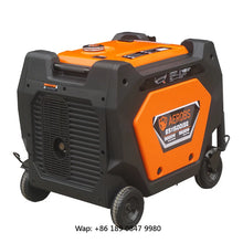 Side view of the portable generator with control panel and power outlet in orange and black.