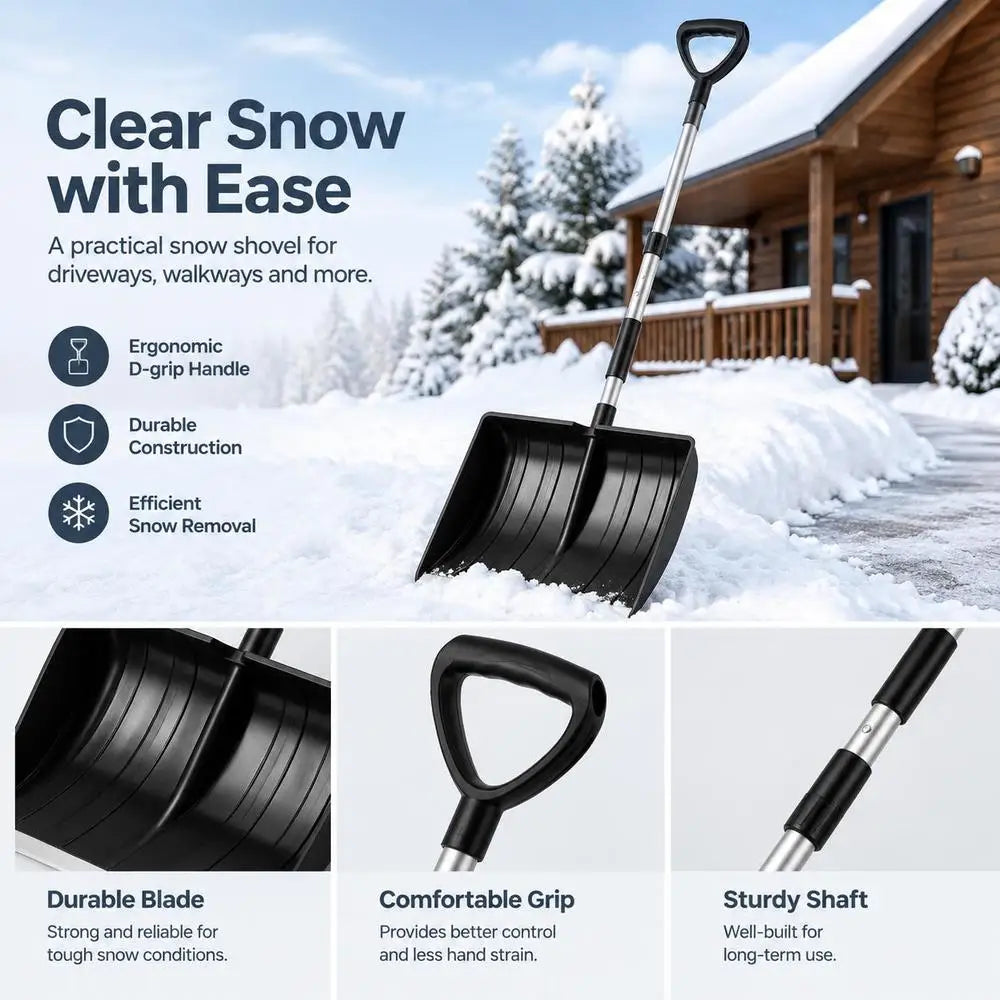 Lightweight and portable snow shovel in black, detail view showcasing ergonomic design.