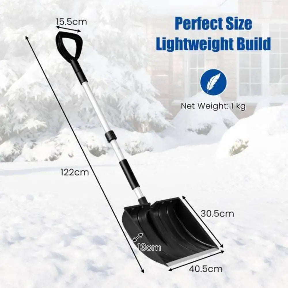 Lightweight and portable snow shovel in black, detail view highlighting lightweight design.
