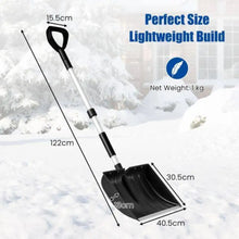 Lightweight and portable snow shovel in black, detail view highlighting lightweight design.