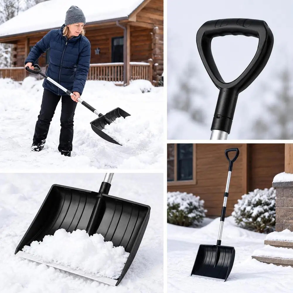 Lightweight and portable snow shovel with wide blade in black, lifestyle shot.