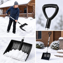 Lightweight and portable snow shovel with wide blade in black, lifestyle shot.
