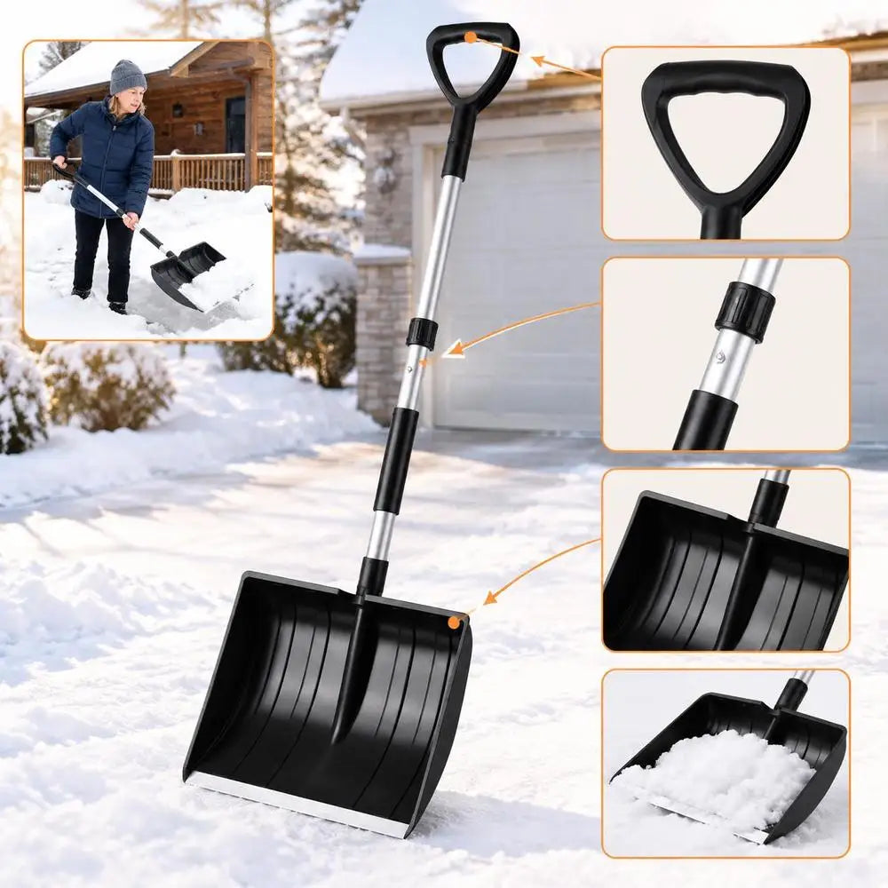 Lightweight and portable snow shovel with wide blade in black, lifestyle shot.