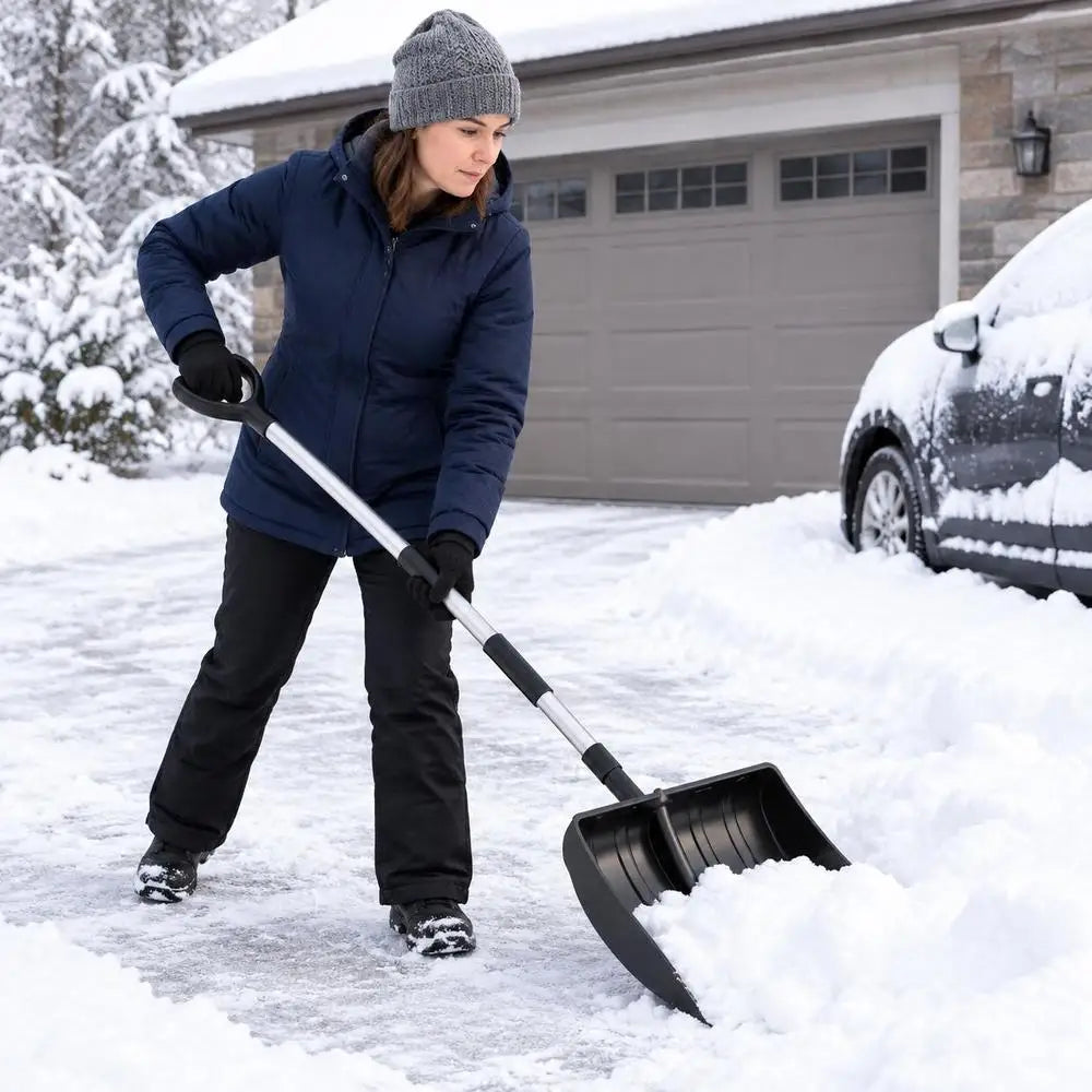 Lightweight and portable snow shovel with D-grip handle in black, woman using in lifestyle shot.