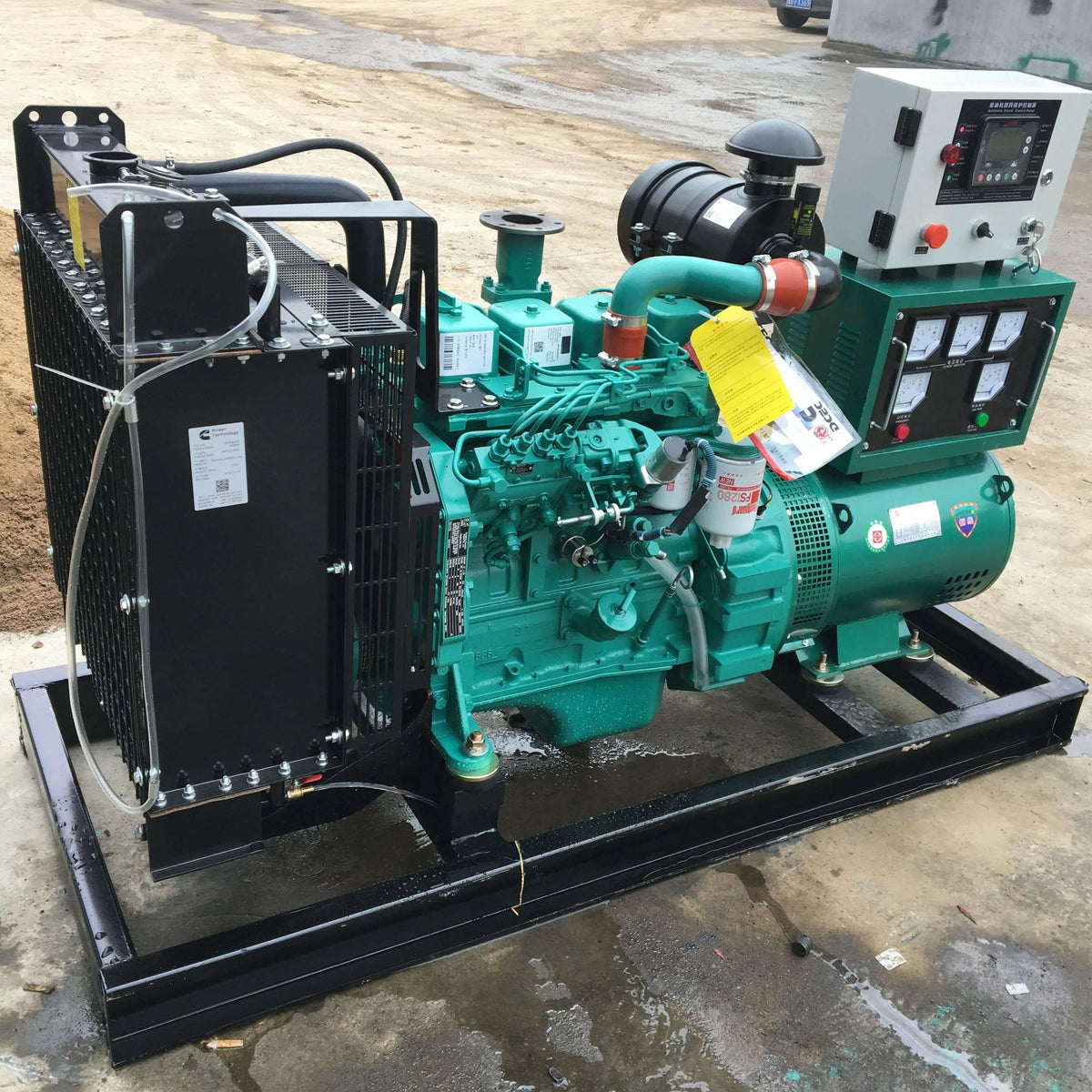 LPG propane generator in green showing fuel tank and engine compartment