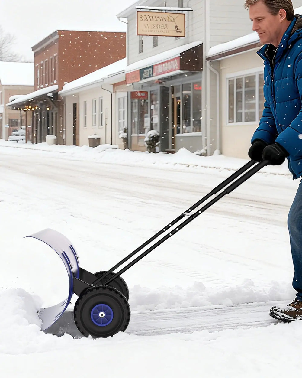 Metal snow shovel with wheels, blue curved blade held by a gloved hand