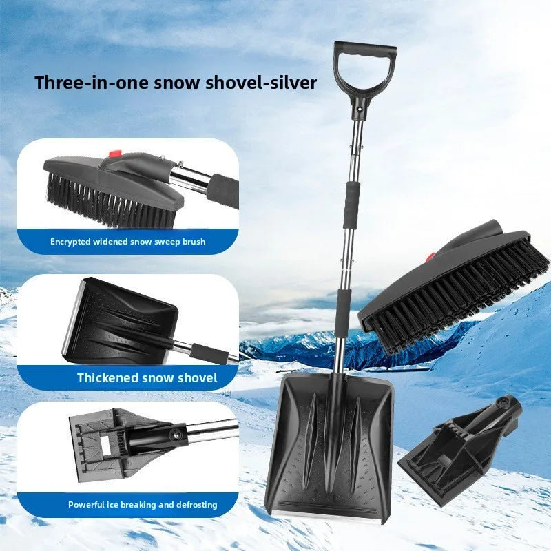Detail of collapsible shovels made from durable material in black and silver.