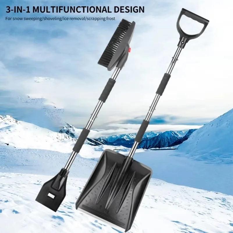 Multi-functional snow removal shovel with ergonomic handle in black and silver.