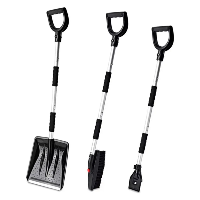 Detail of shovels in multiple sizes with sturdy handles in black and silver.