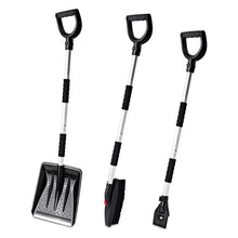Detail of shovels in multiple sizes with sturdy handles in black and silver.