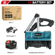 ONEVAN battery set with snow blower in brown and blue, packaging shot