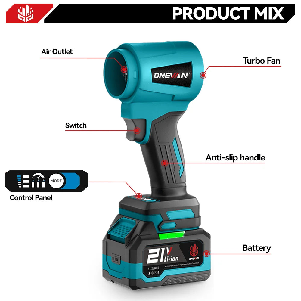 ONEVAN turbo blower detail close-up, blue and black with battery indicator and handle