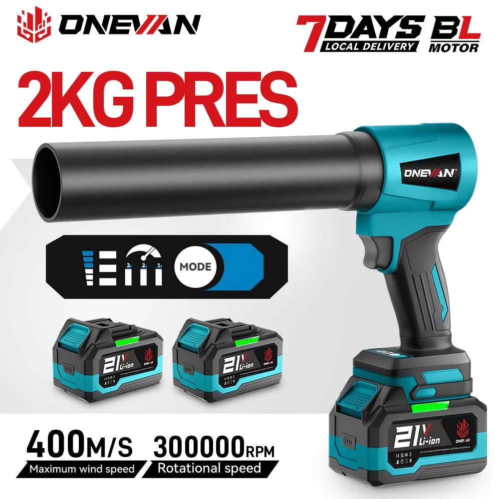 ONEVAN turbo blower packaging, blue and black cordless fan with battery included