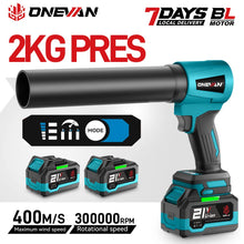 ONEVAN turbo blower packaging, blue and black cordless fan with battery included