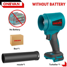 ONEVAN turbo blower packaging, blue and black cordless tool without battery and storage tube
