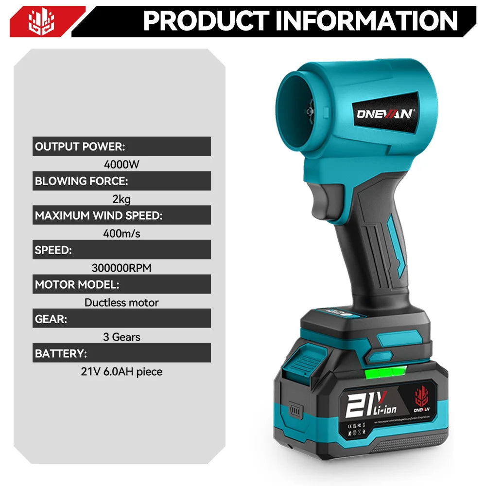 ONEVAN turbo blower detail close-up, blue and black with variable speed and battery