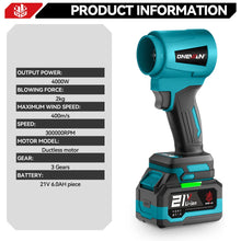ONEVAN turbo blower detail close-up, blue and black with variable speed and battery