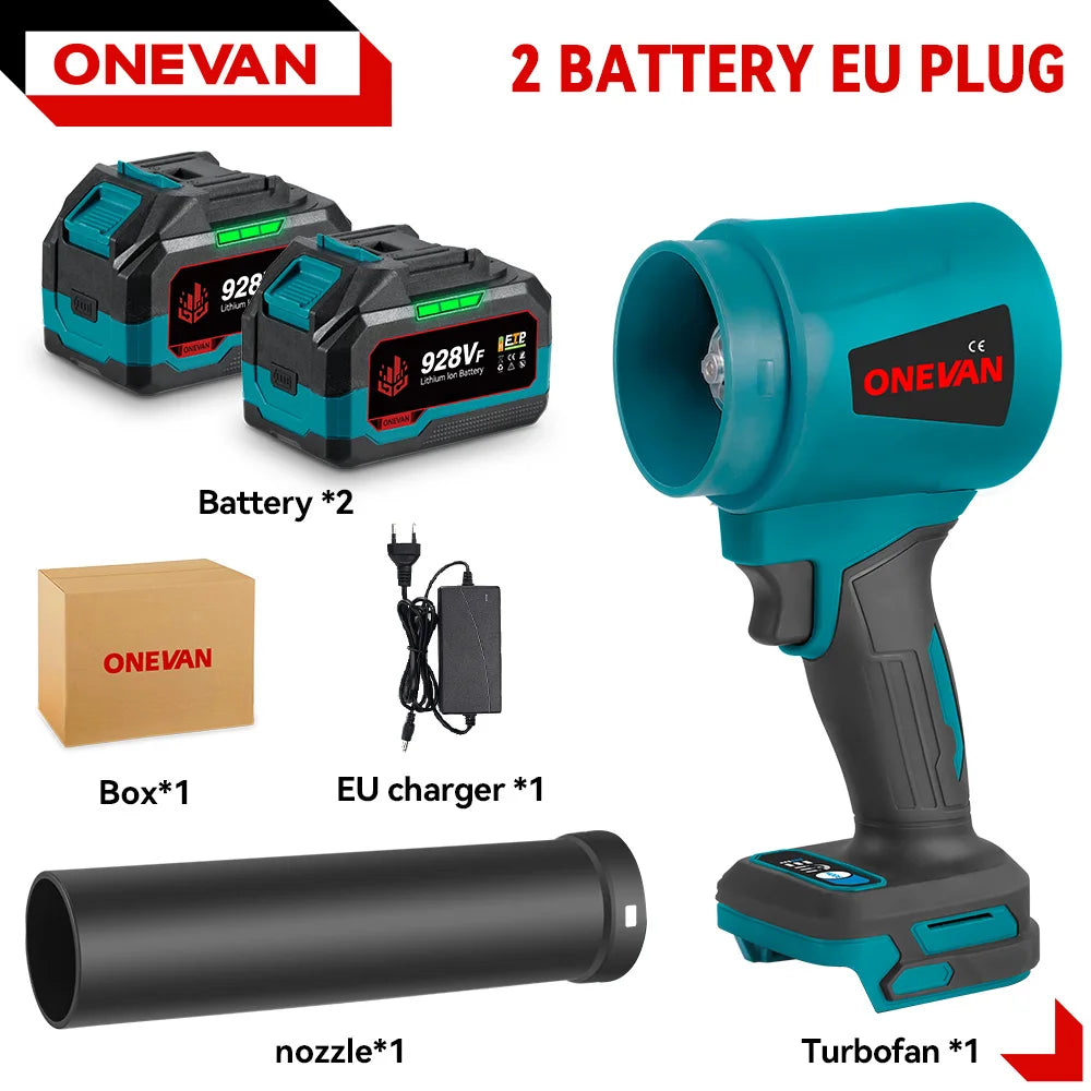 ONEVAN turbo blower lifestyle set, blue and black with two batteries, red accents, EU plug