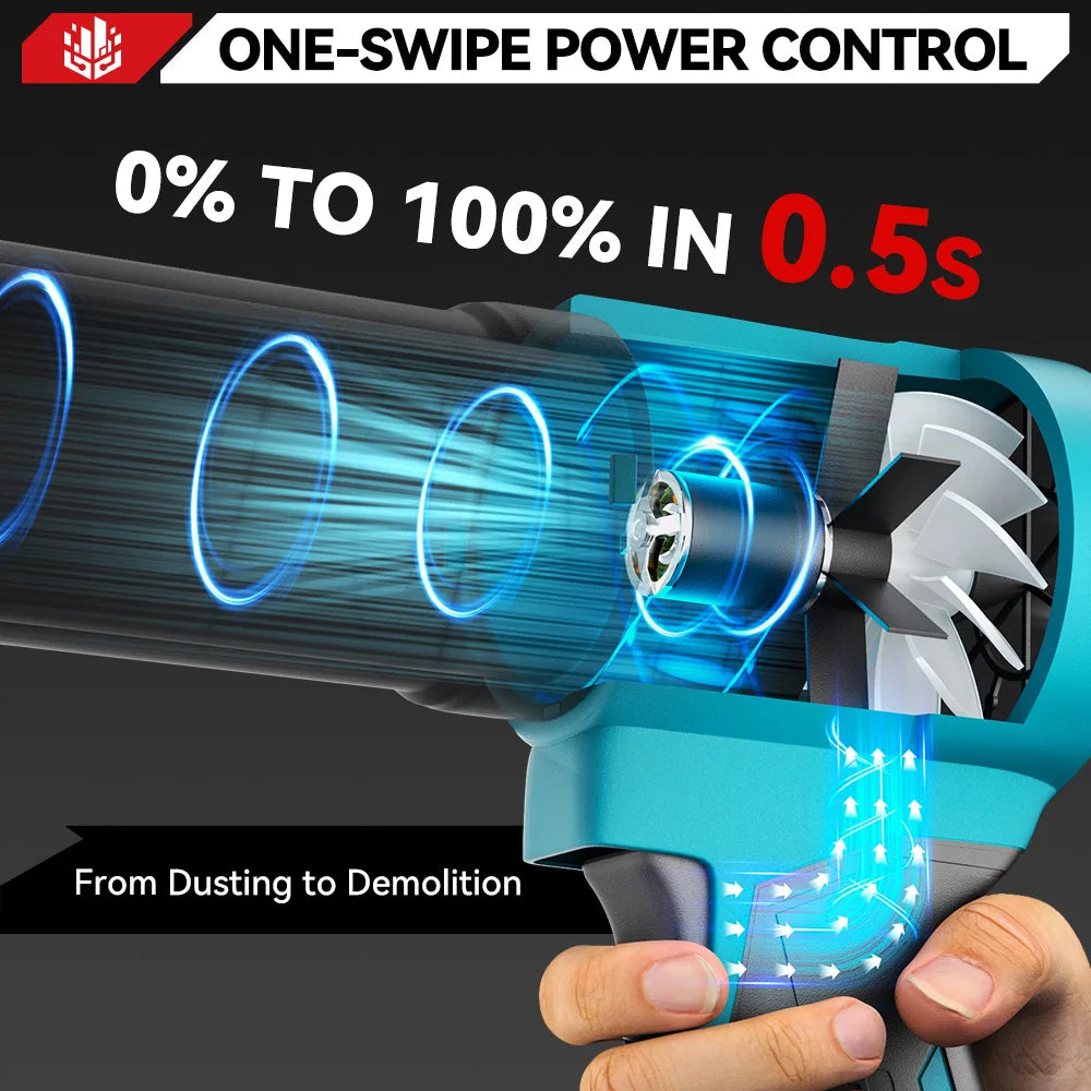 ONEVAN turbo blower power control close-up, one-swipe control from 0% to 100% in 0.5s
